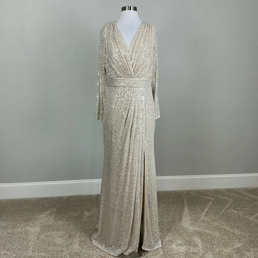 Mac Duggal 26490 Champagne Gold Evening Gown Sequined Long Sleeve Dress Size 16